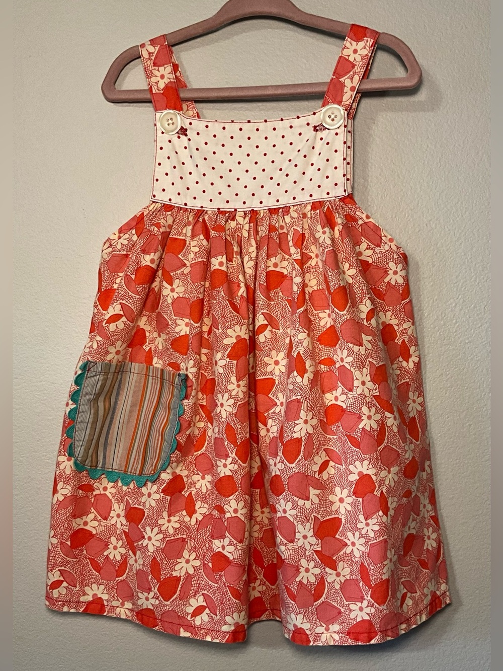 Misha Lulu Coral Pink Floral Sundress with Polka Dot Yoke